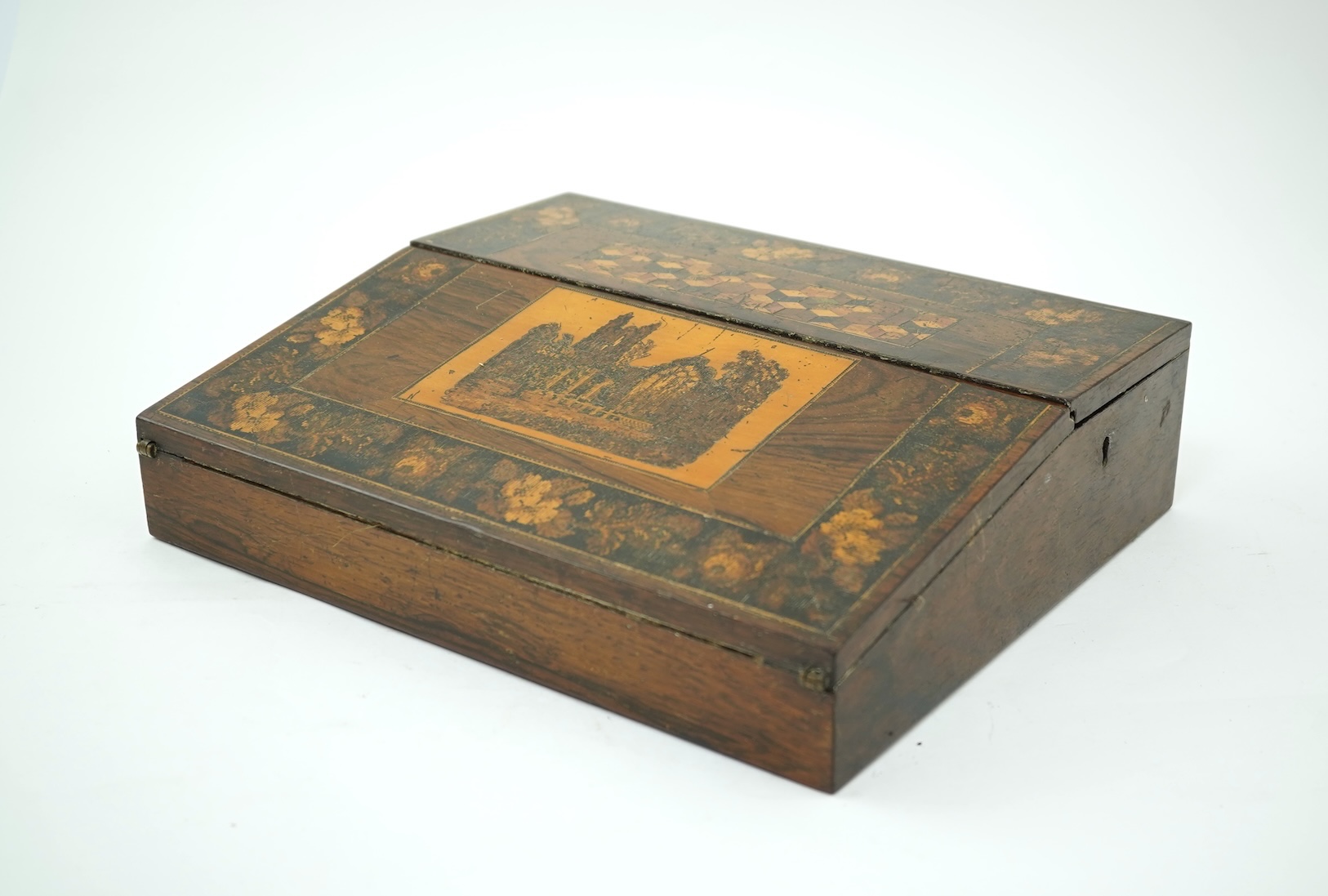 A Tunbridge ware rosewood writing slope, mid 19th century